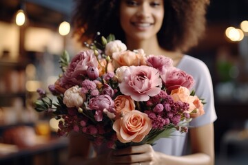 Happy woman making a bouquet. Generative AI.