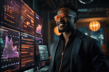 Black Man Smiling looking digital marketing Dashboard Growth graphics. Generative AI.