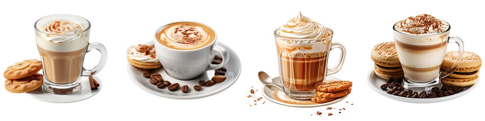 Frothy coffee with biscuits Hyperrealistic Highly Detailed Isolated On Transparent Background Png File - obrazy, fototapety, plakaty
