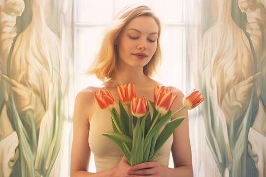 tulips woman Young adult attractive background beautiful beauty blond bouquet caucasian cheerful cute day fashion female feminine floral flower fresh gift girl hand happiness happy holding holiday