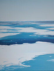 painting of a large body of water with ice floating on it