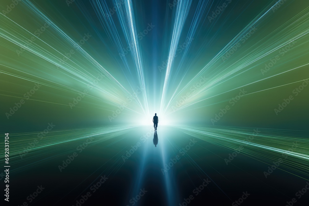 Canvas Prints a person walking across a blurry light tunnel of a bright beam. generative ai.