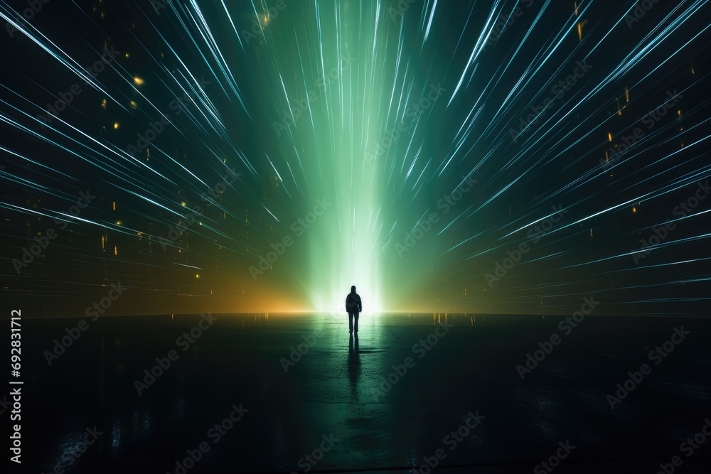 Poster a person walking across a blurry light tunnel of a bright beam. generative ai.