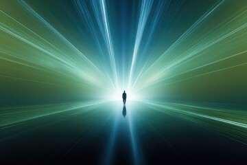 A person walking across a blurry light tunnel of a bright beam. Generative AI. - Powered by Adobe