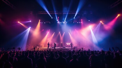 Theater lights on a smokey stage shining down on a cover band with vibrant colors. Generative AI.