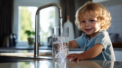 small blonde kid with glass of water. water is pouring from tap - obrazy, fototapety, plakaty
