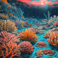 Naklejka na ściany i meble painting of a coral reef with a bright sun shining down
