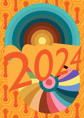 Retro 70s Background with the number 2024. Groovy holiday 1970s art template. Minimalistic Vintage design poster. Old-fashioned color artwork.