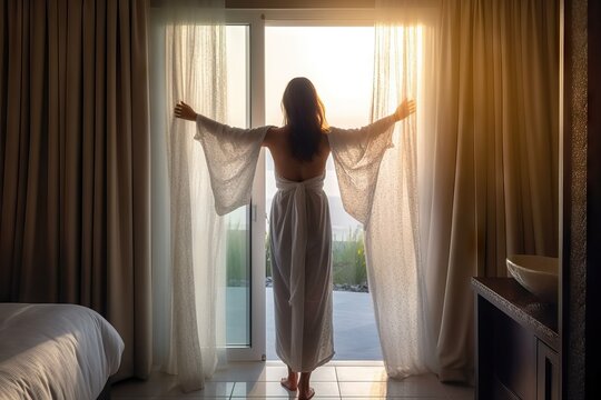 Fototapeta room hotel luxury curtains opening bathrobe white wearing woman Young morning female window adult person home interior open view travel curtain light girl beautiful lifestyle looking lady