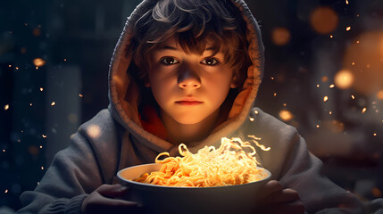 A boy with ramen noodle. Illustration