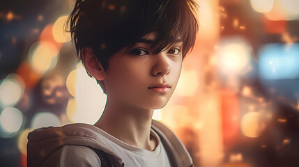 Anime boy portrait with bokeh. Illustration