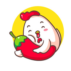 Cute chicken with red chili cartoon. Adorable kawaii Animal concept design. Hand drawn mascot and logo vector illustration. Isolated white background.