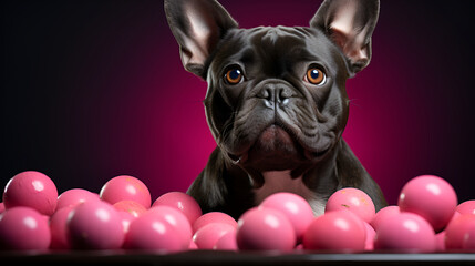 French bulldog with pink balls on pink background generated AI