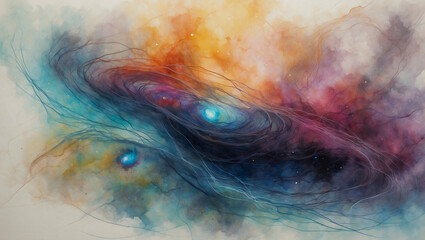 Fototapeta na wymiar Watercolor rendering of the Andromeda Galaxy, blending artistic strokes to capture the cosmic beauty and ethereal allure of our celestial neighbor.