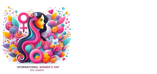 Happy women's day card with female flower face on isolated white background, generative ai