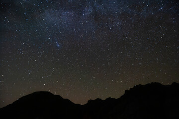 A scenic view of the Milky Way and starry night sky over the Chisos Mountains in Big Bend National...