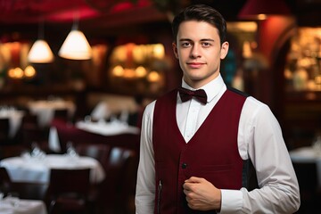 restaurant waiter Young eatery hotel isolated adult background black boss business businessman company corporate employment fashion friendly photogenic job luxury male man manager mature modern - obrazy, fototapety, plakaty
