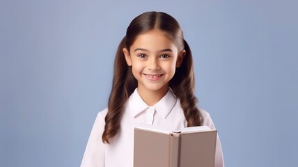 Close up smiling schoolgirl girl holding book going to school, one color background, copy space, generative ai