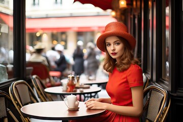 terrace cafe oudoors sitting croissant coffee breakfast french having beret red woman stylish Young cafes paris france girl fashion beautiful hot drink street female eatery parisian city table - obrazy, fototapety, plakaty