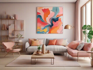 cheerful-and-happy-mood-living-room-idea-of-home-decor-design-with-colorful-abstract-painting-art-wall-hanging-picture,-Blank-mockup-idea