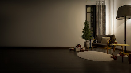 single chair on corner of living room with floor, chrismast vibes 