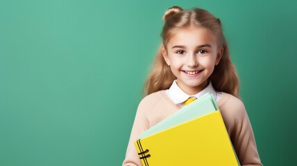 Close up smiling schoolgirl girl holding book going to school, one color background, copy space, generative ai