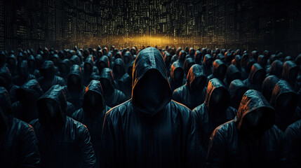 a crowd of people with black coats and hoods over their heads so that you can't see their faces