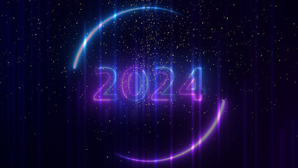 Happy new year 2024 neon light animation. background with colorful lines, glowing trails looped Abstract Pink blue and purple vertical neon lines with glowing trails. Appear, slide up and fade way - obrazy, fototapety, plakaty