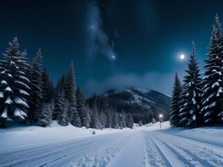 Fototapeta na wymiar Realistic Midnight Snowy Landscape with Pine Trees and Full Moon in The Sky Illustration