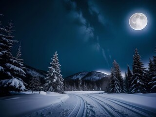 Ultra Realistic Snowy Area with Pine Trees and Full Moon in The Sky