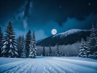 Fototapeta na wymiar Super Realistic Midnight Snowy Landscape with Pine Trees and Mountains with Full Moon in The Sky