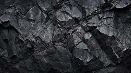 Poster Black white rock texture. Dark gray stone granite background for design. Rough cracked mountain surface. Cracked layered mountain surface. Copy space for text. © Naknakhone