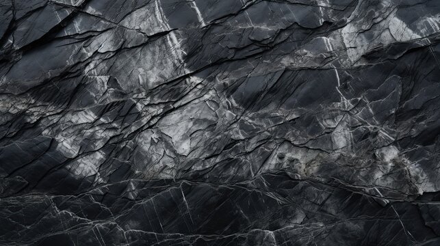 Black white rock texture. Dark gray stone granite background for design. Rough cracked mountain surface. Cracked layered mountain surface. Copy space for text.