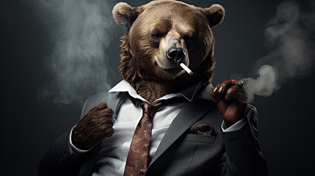 Cool bear doll in suit smoking cigarette. Born with style slogan with cool bear doll smoking cigarette.