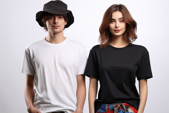 background white tshirts stylish people Young adult advertising apparel black blank brand casual attire caucasian clothes collage colours copy cotton couple design empty fabric fashion female front
