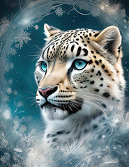 painting of a snow leopard with blue eyes and snowflakes
