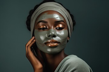 A young and very beautiful African girl with a green cosmetology mask on her face looks away with a smile and blissfully smiles.