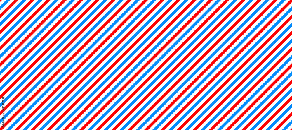 Poster Barber shop pole background. Abstract diagonal line seamless pattern. Striped repeated wallpaper. Red, white and blue repeating texture. Wrapping paper backdrop. Vector decor illustration