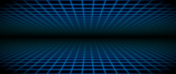 Glowing neon wireframe room background. Blue grid room floor and ceiling in perspective. Bright retro futuristic wallpaper. Abstract checkered plane landscape. Game horizon surface. Vector backdrop
