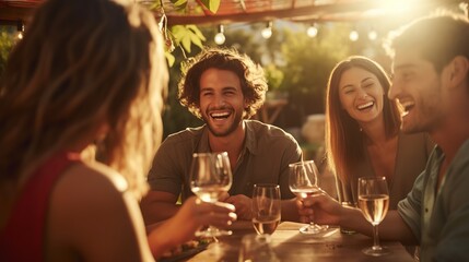 Happy friends having fun outdoor. Group of friends having backyard dinner party together. Young people sitting at bar table toasting wine glasses in garden. Image of friendship. - obrazy, fototapety, plakaty