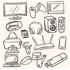 a collection of images of electronic computer gadgets in doodle line art style and a cream color background