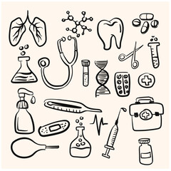 Hand drawn doodles, health and treatment service objects in doodle and line art style