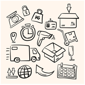logistics delivery service drawn in doodle and line art style