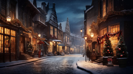 Fototapeta na wymiar Street in a Christmas night in an old European town