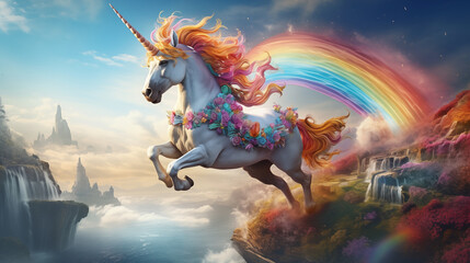 Unicorn Galloping with Vivid Rainbow, Background Scene in a Novel. Generative AI. - obrazy, fototapety, plakaty