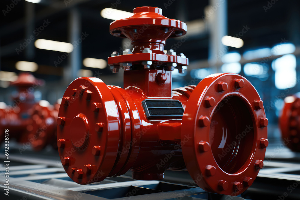 Poster Large red valve on a shut-off industrial pipeline fitting. Generative AI.. Generative AI.