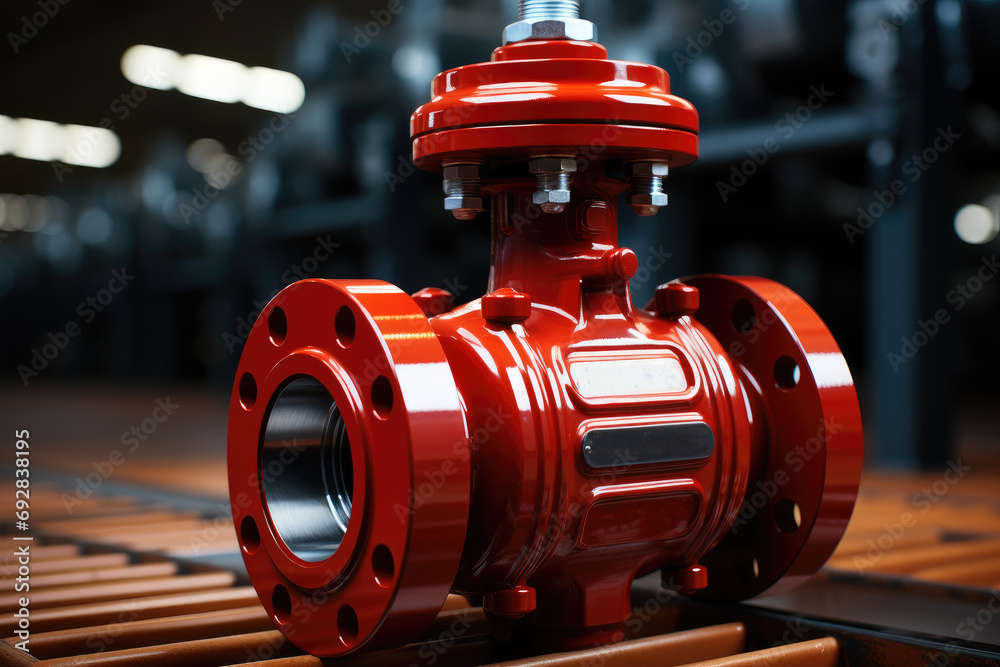 Poster Large red valve on a shut-off industrial pipeline fitting. Generative AI.. Generative AI.