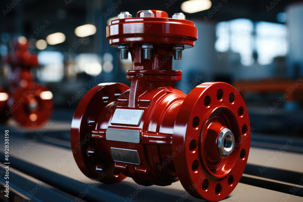 Aufkleber Large red valve on a shut-off industrial pipeline fitting. Generative AI.. Generative AI.