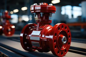 Large red valve on a shut-off industrial pipeline fitting. Generative AI.. Generative AI. - obrazy, fototapety, plakaty