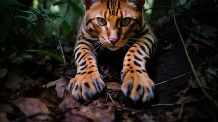 gatinho laranja com listras pretas com as patas esticadas no chão da floresta visto de cima - Papel de parede